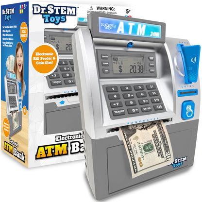 Dr. STEM Deluxe ATM Savings Bank - Real Money Management with Digital LCD, Coin Counting, Bill Feeder, PIN Security, STEM Learning for Ages 5+