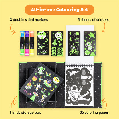 Tiger Tribe Neon Coloring Set - Outer Space Activity Kit with Markers & Stickers
