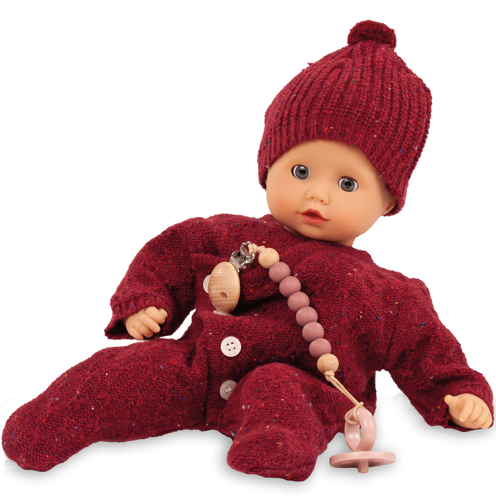 Jubilee Muffin Baby 13 inch soft doll in burgundy knit outfit with matching hat and accessories