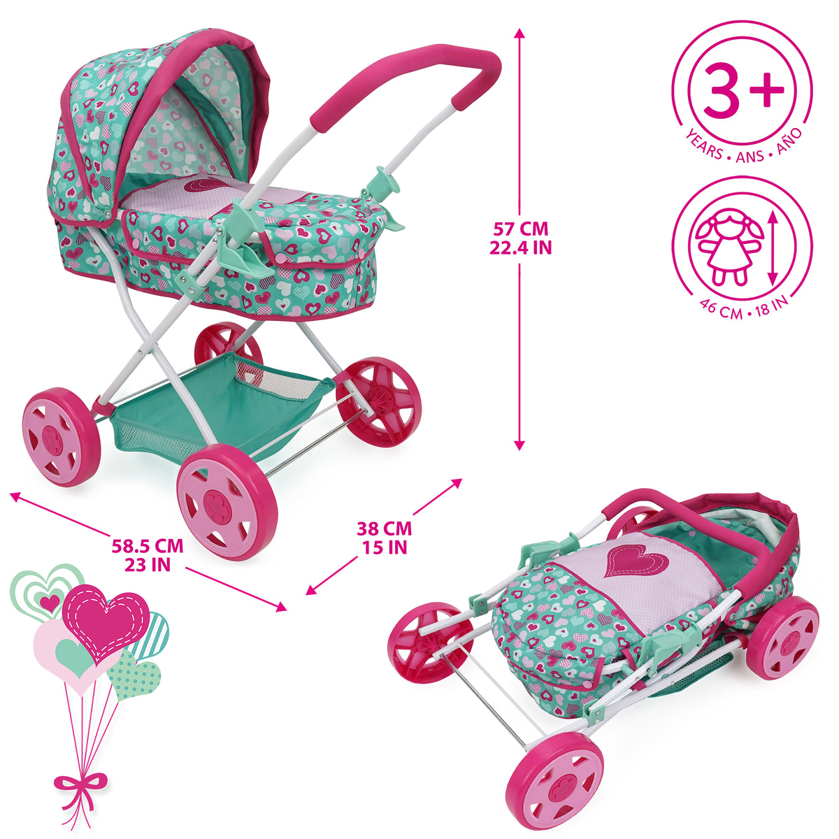 Mint Heart Daisy Doll Pram in pink and green with heart pattern, includes canopy and storage basket