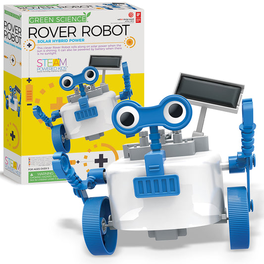 Blue and white solar-powered rover robot with large expressive eyes, articulated arms, and treaded wheels, shown assembled next to its retail box