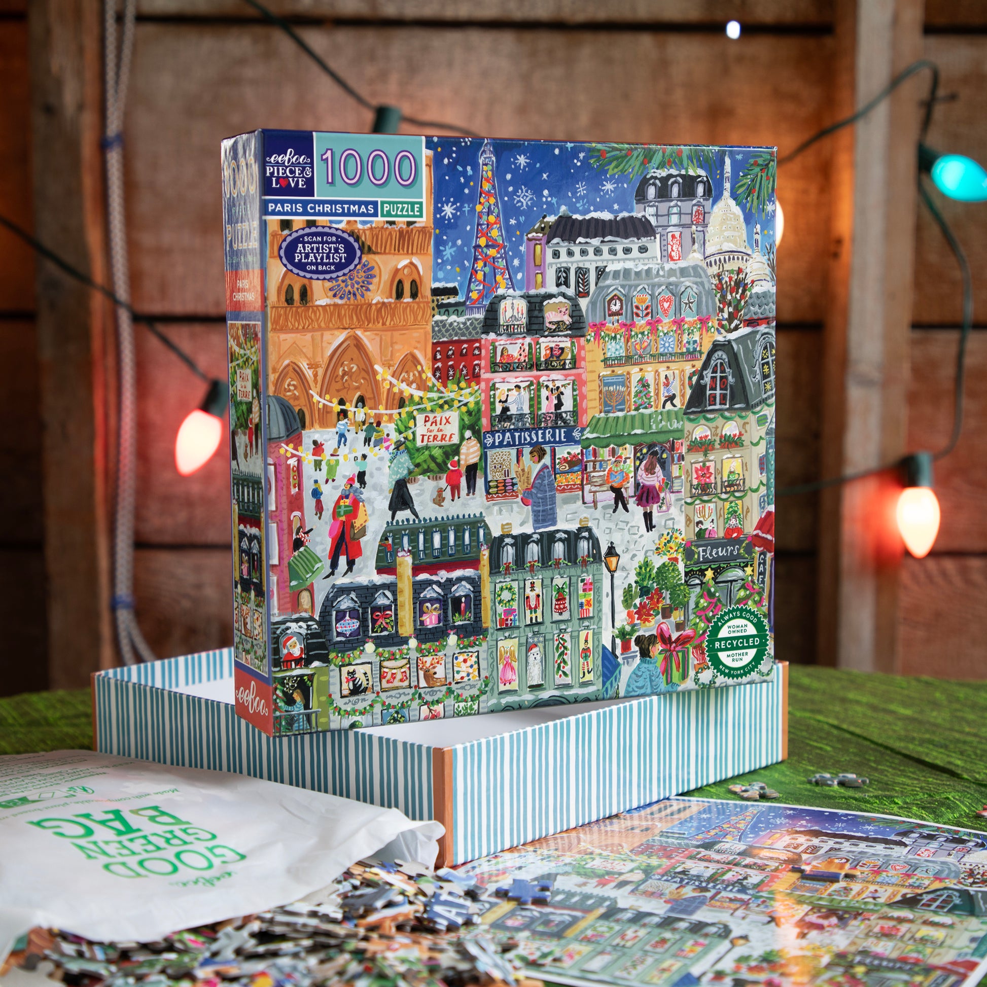 eeBoo Paris Christmas 1000 Piece Puzzle box featuring colorful illustrated Parisian landmarks and holiday scenes