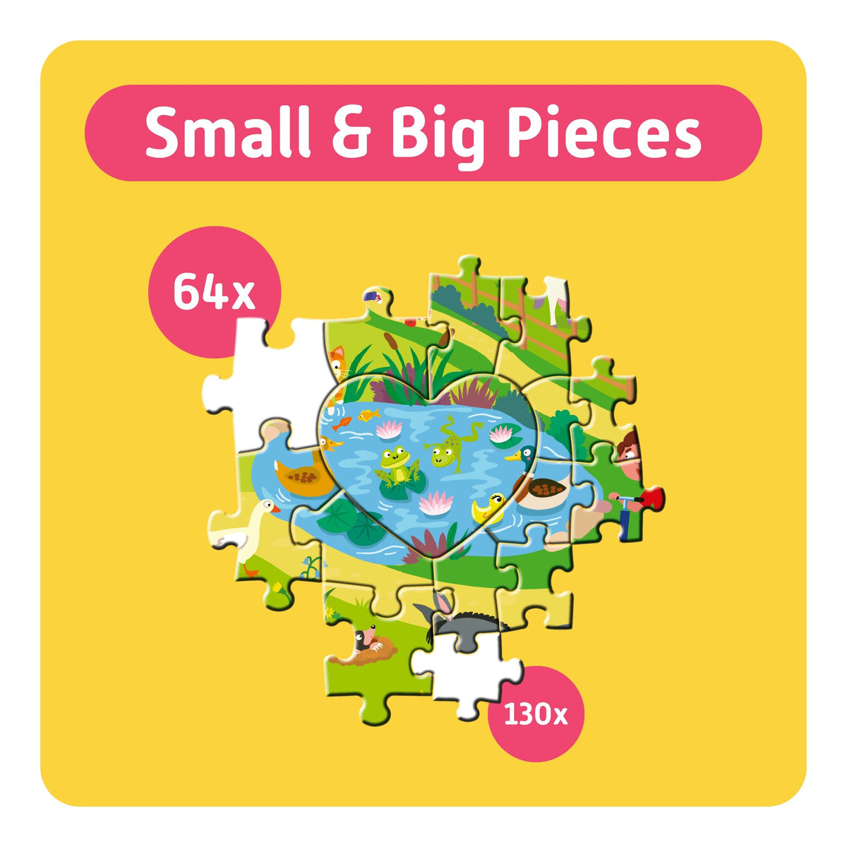 TEAMPUZZLE: On the Farm 194pc puzzle with 64 large and 130 small pieces, featuring pond and farm animals