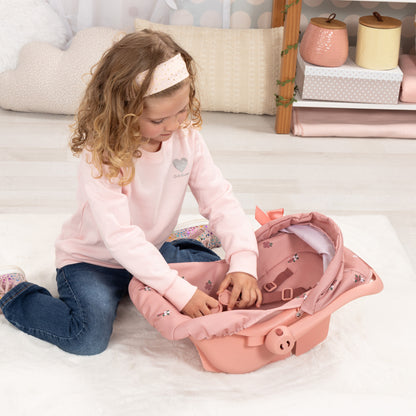 Bayer Design Deluxe Coral Pink Floral Doll Car Seat with canopy