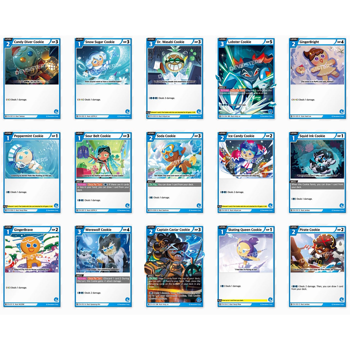 CookieRun Braverse Trading Card Game Blue Starter Deck with 15 cookie character cards including Lobster Cookie and We...