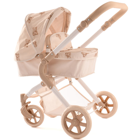 Roma Teddy Single Doll Pram in beige with teddy bear pattern and wheels