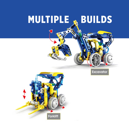 Teach Tech Rivet-Rex Robot building set with yellow and blue pieces showing excavator and forklift configurations