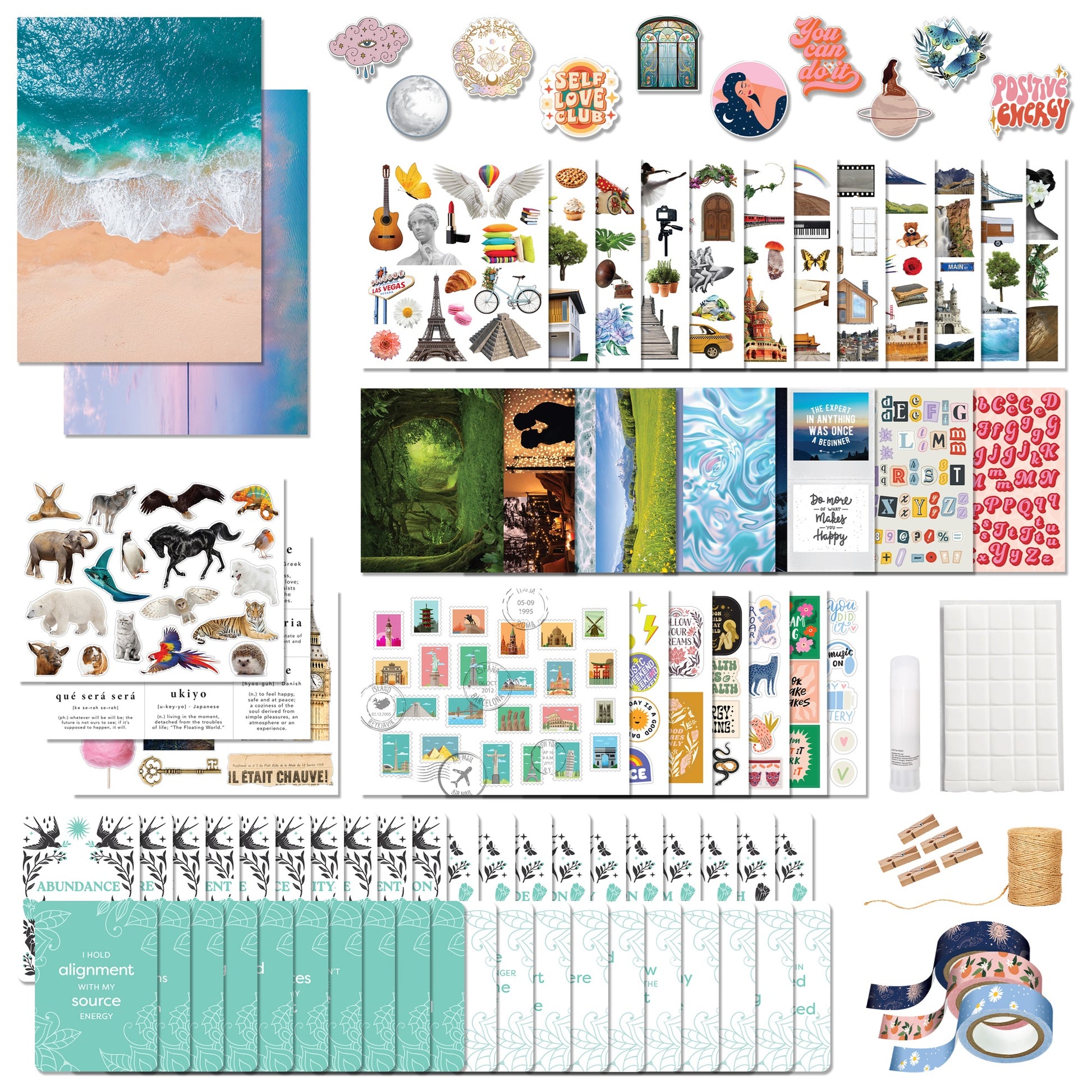 Elevate Vision Board Kit with colorful stickers, papers, tape and supplies for creating dream collages
