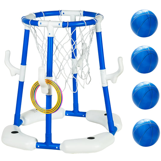 EPH 2-In-1 Pool Basketball Hoop in blue and white with 4 basketballs and ring toss game