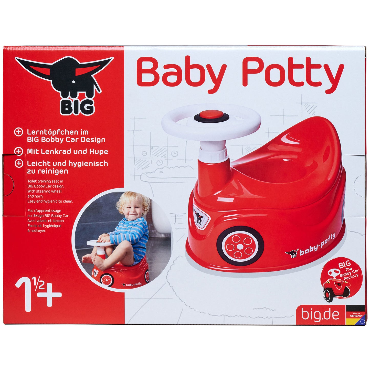 BIG Baby Potty in red Bobby Car design with steering wheel and horn for toddlers 18 months+