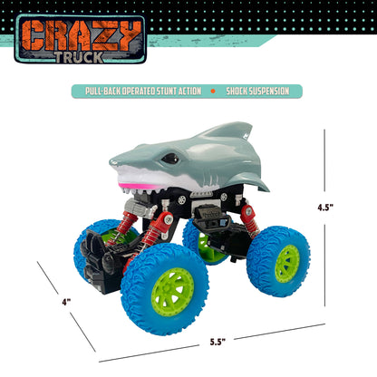 Crazy Truck Big Wheels Shark Truck - 4.5" Friction-Powered Stunt Vehicle for Kids 3+