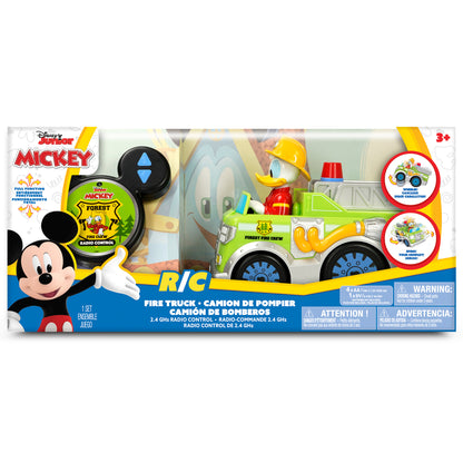 Disney Junior Mickey Forest Fire Crew R/C fire truck with green and white body, yellow ladder, and red siren light, shown in packaging with Mickey-shaped remote