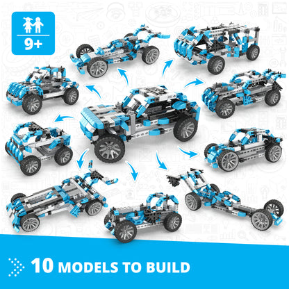 Engino Inventor Motorized Offroader 10-in-1 building set with blue and black brick vehicles
