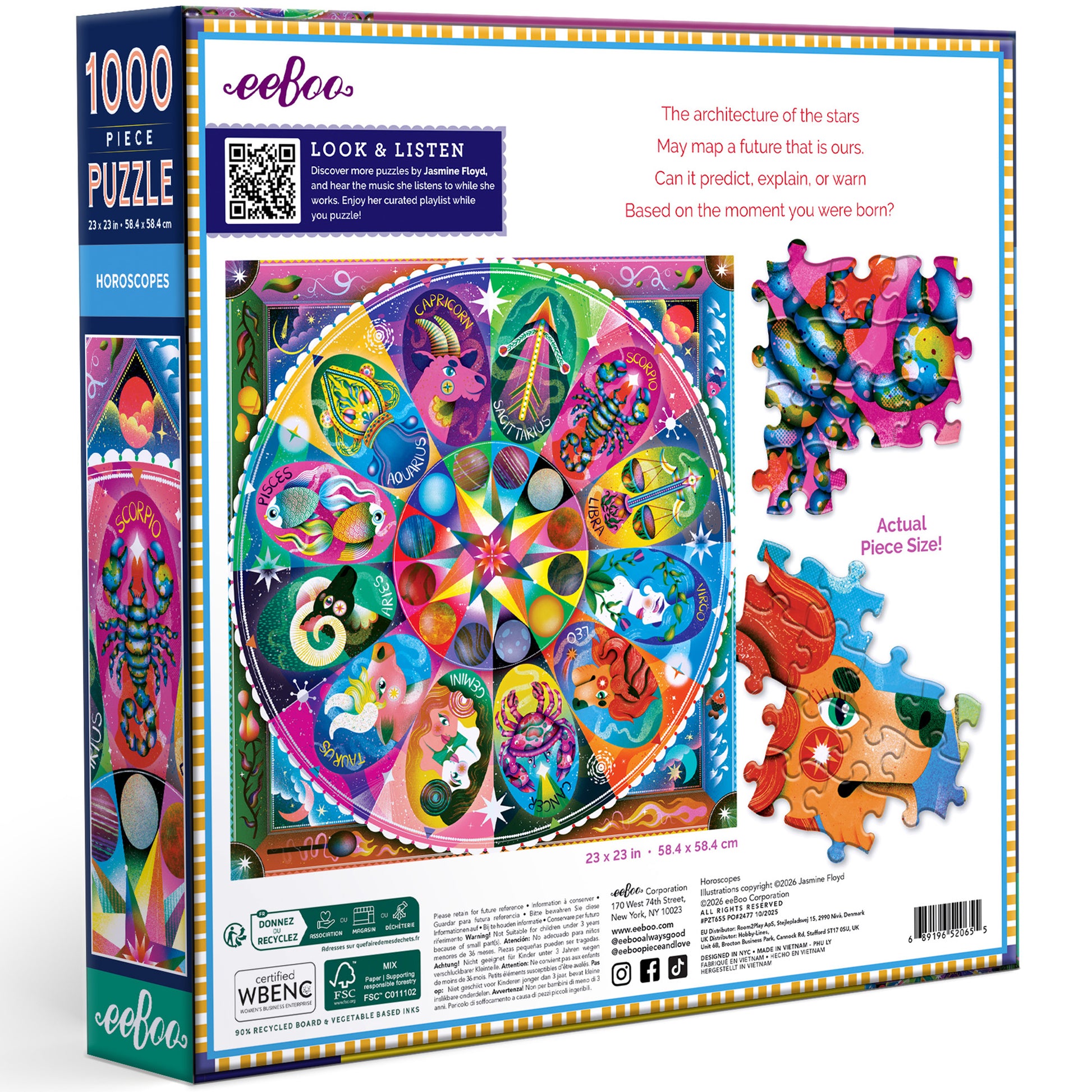Horoscopes 1000 piece puzzle by eeBoo featuring colorful zodiac wheel design with vibrant rainbow colors