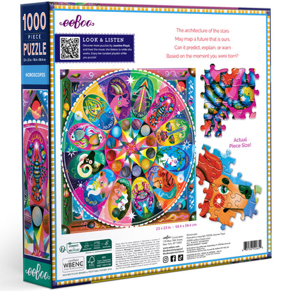 Horoscopes 1000 piece puzzle by eeBoo featuring colorful zodiac wheel design with vibrant rainbow colors