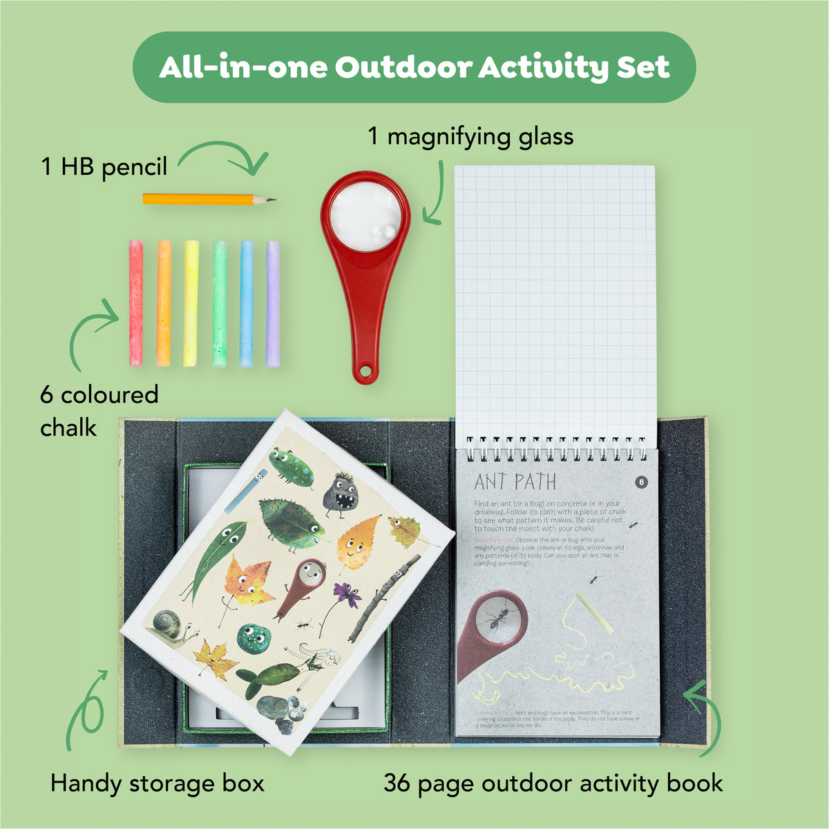 Outdoor Activity Set: Back to Nature with magnifying glass, colored chalk, pencil, activity book, and storage box