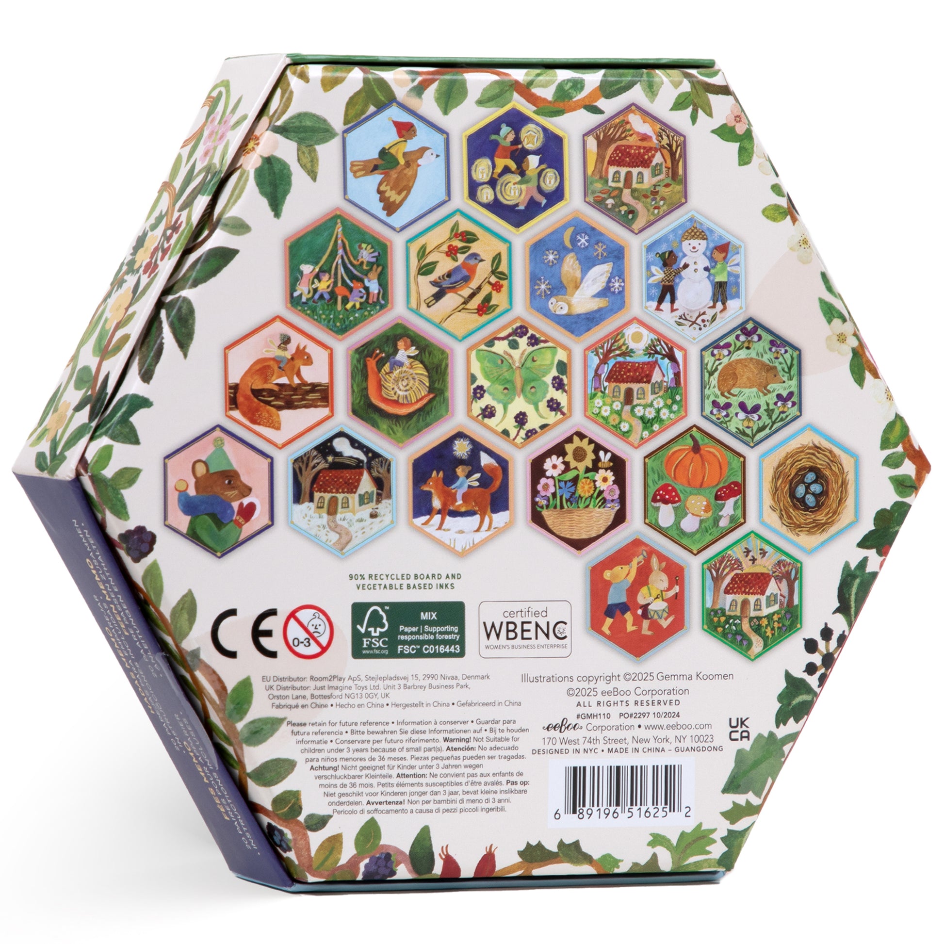 Cottage Fairies Memory & Matching Game box showing hexagonal tiles with illustrated fairy tale and woodland scenes in colorful details