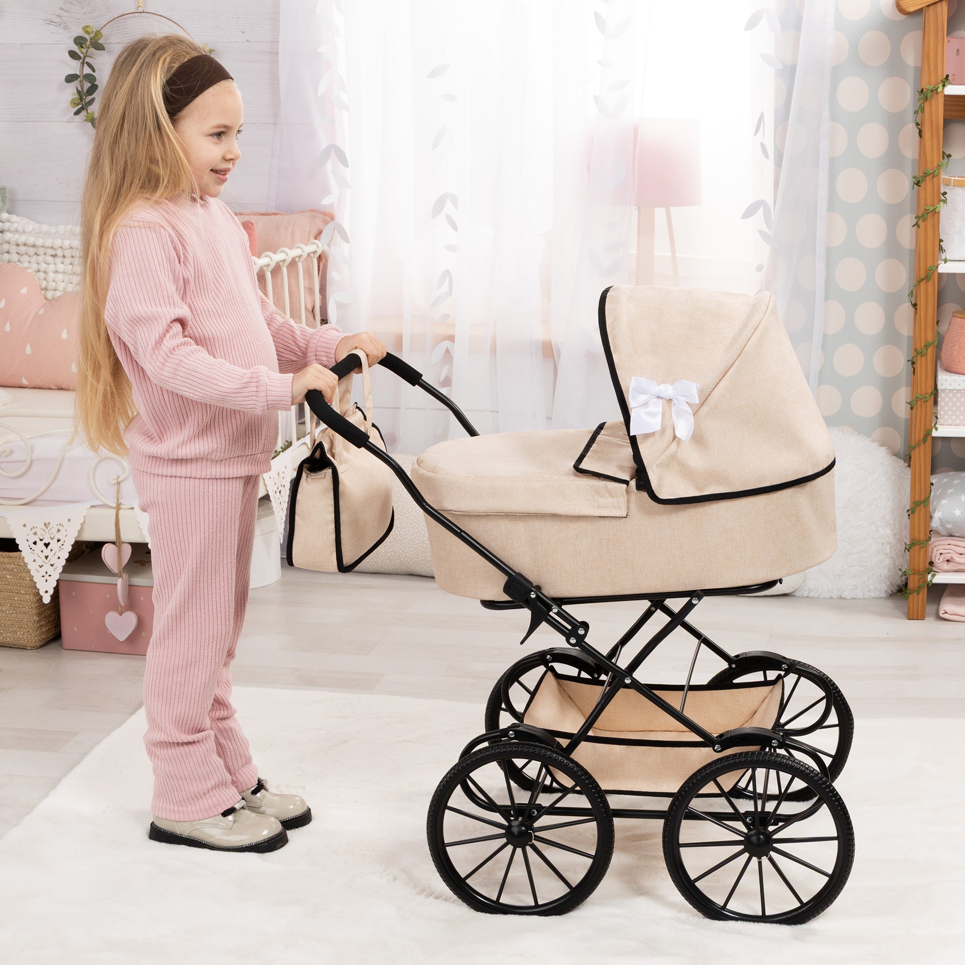 Bayer Design Dolls Classic Pram in beige with black wheels and handles