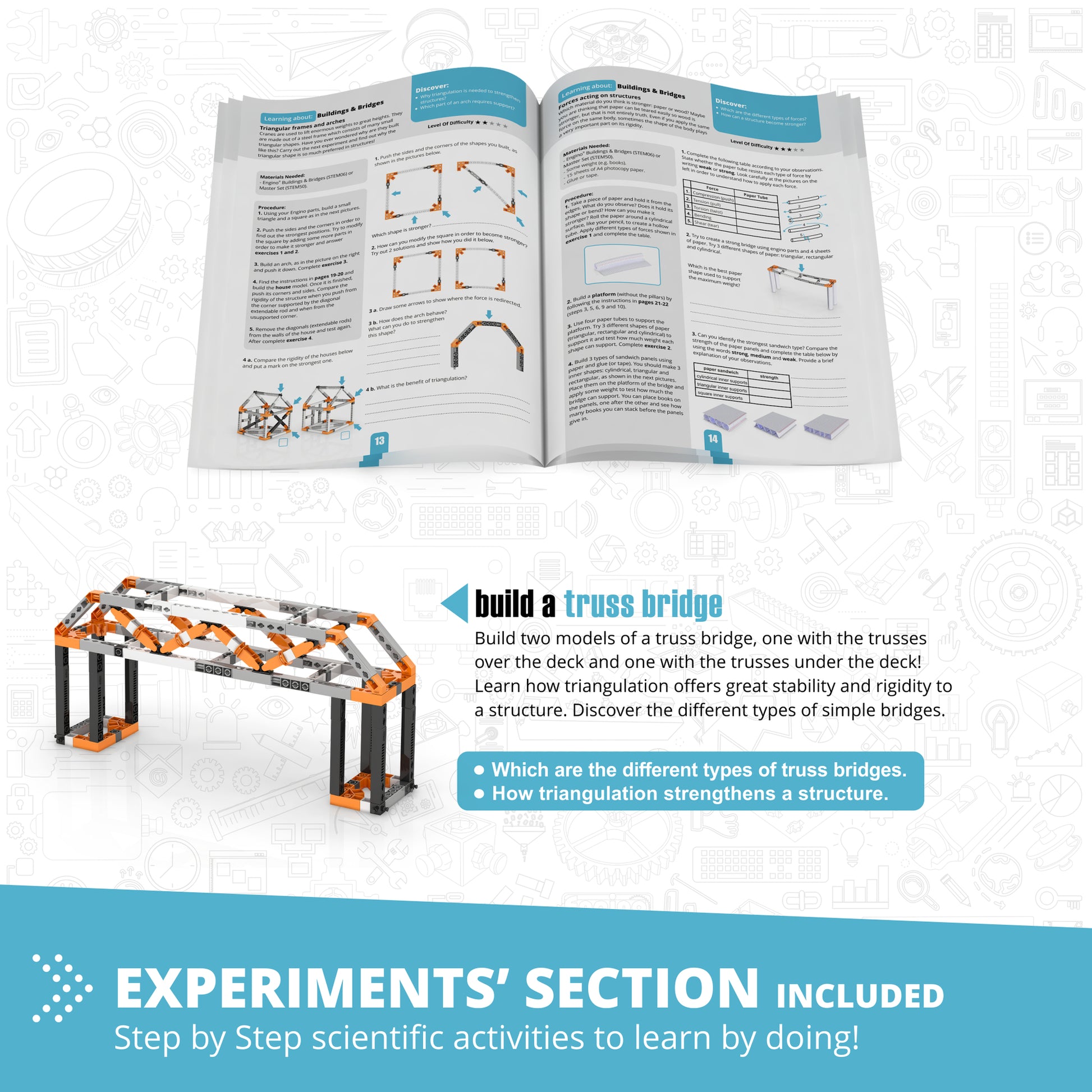 Engino Discovering STEM Buildings & Bridges building set with orange and black truss bridge model