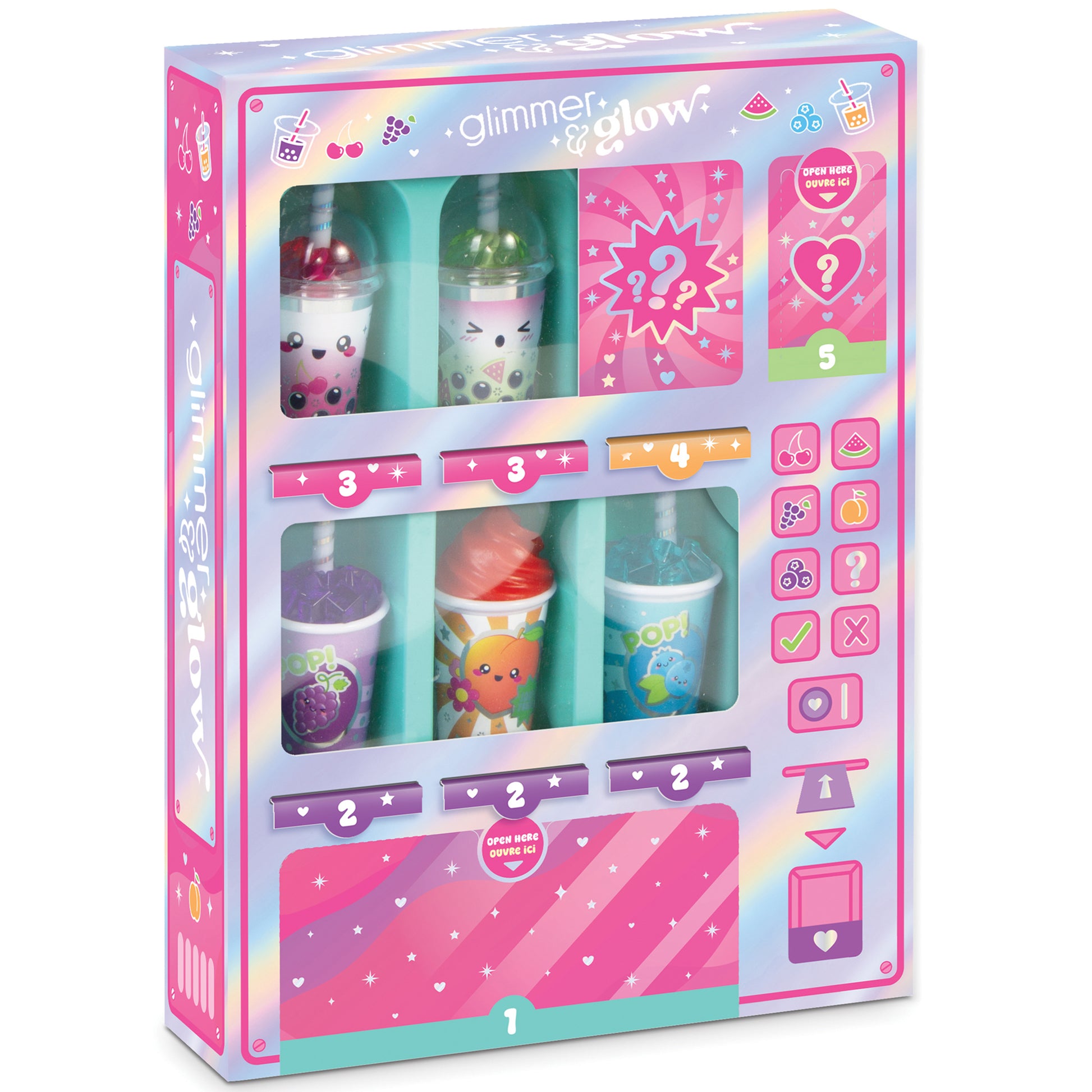Glimmer & Glow vending machine toy with colorful fruit-scented lip glosses and nail polish in pink and purple packaging
