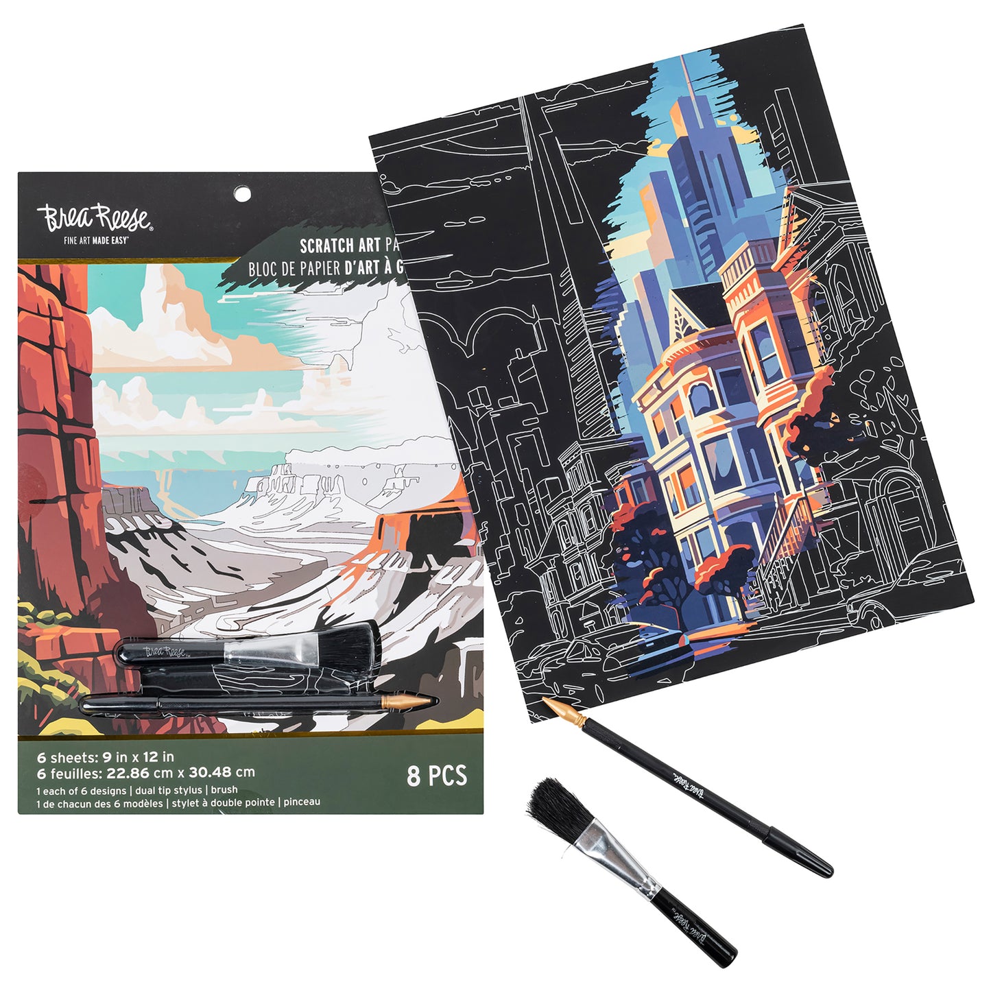 Scratch Art Paper Pad with 6 travel landmark designs, includes brushes and dual-tip stylus tools