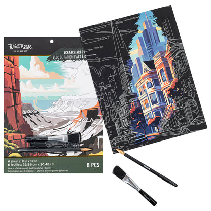 Scratch Art Paper Pad with 6 travel landmark designs, includes brushes and dual-tip stylus tools