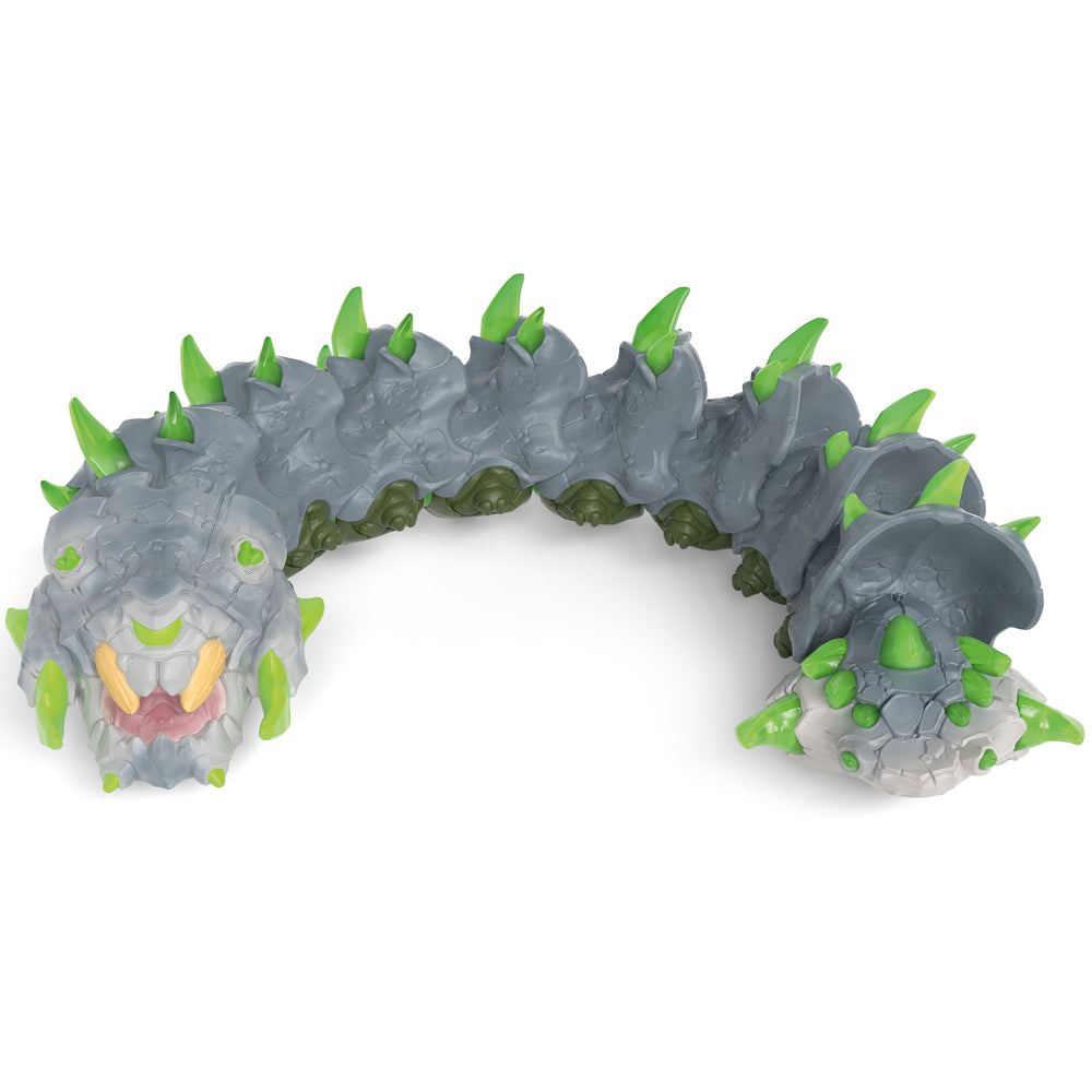 Eldrador Creatures Stone Worm toy with gray body, green spikes and lime accents