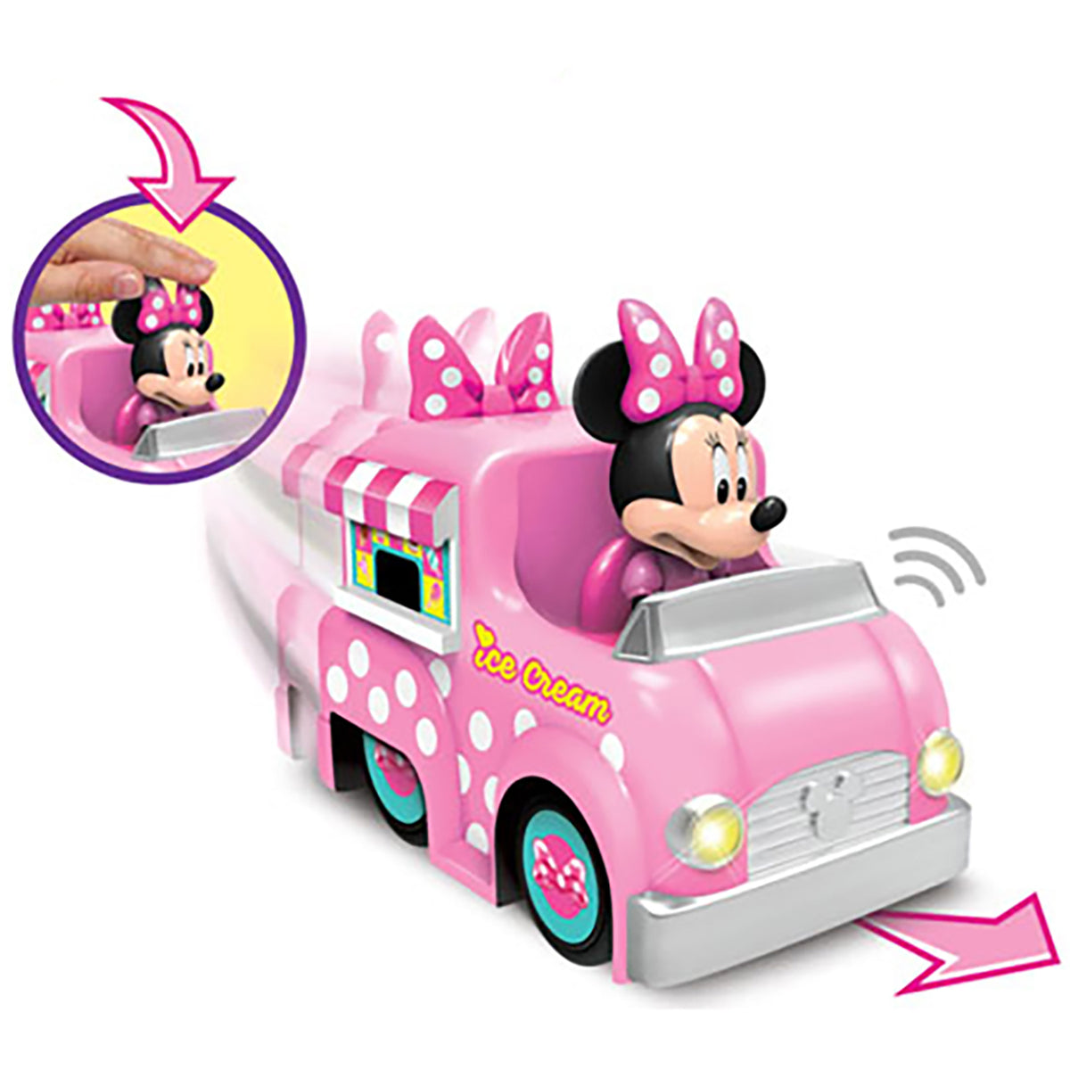 Disney Junior Minnie Mouse pink ice cream truck toy with polka dots, flashing lights and press-n-go action
