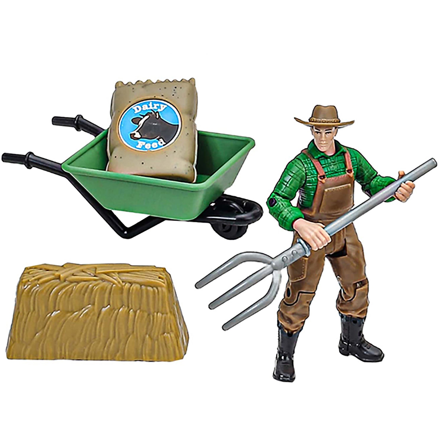 Dairy Barn Playset 38pc with farmer figure, wheelbarrow, hay, and pitchfork