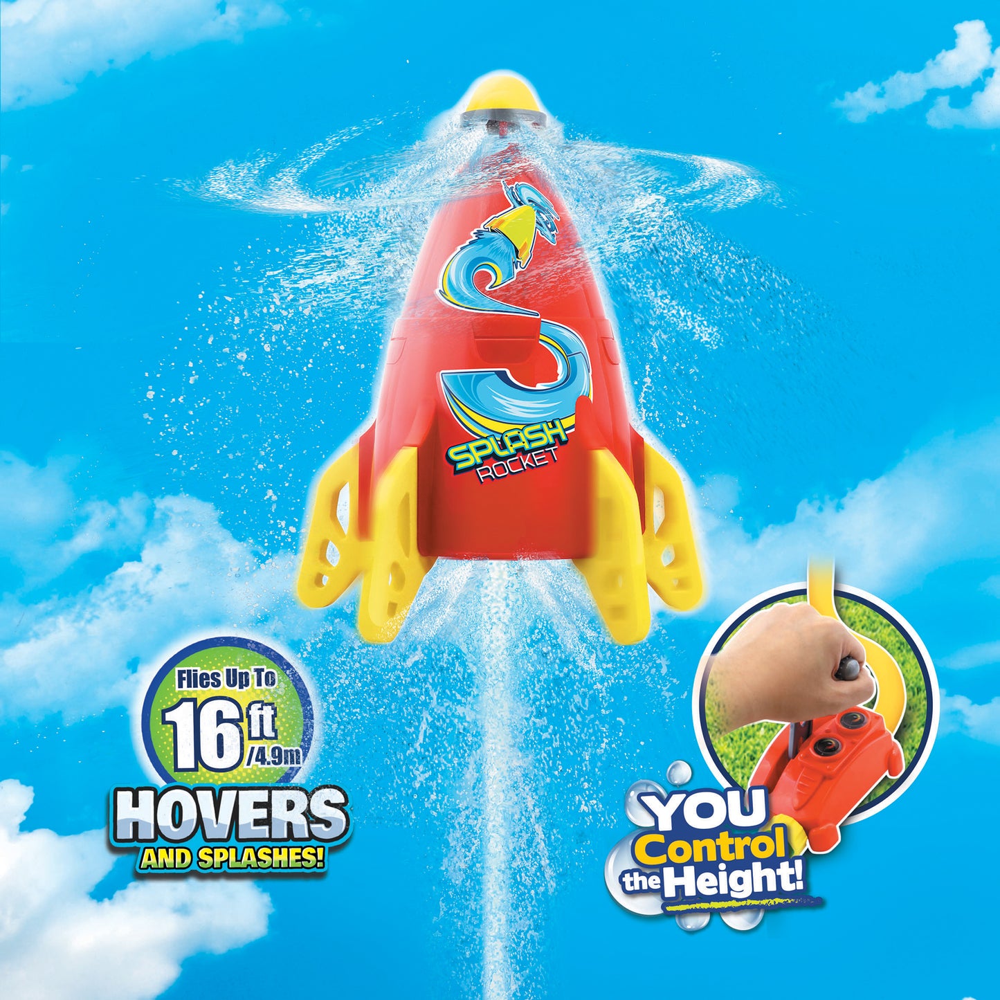 Splash Rocket water toy in red and yellow, flies up to 16ft high with water spray