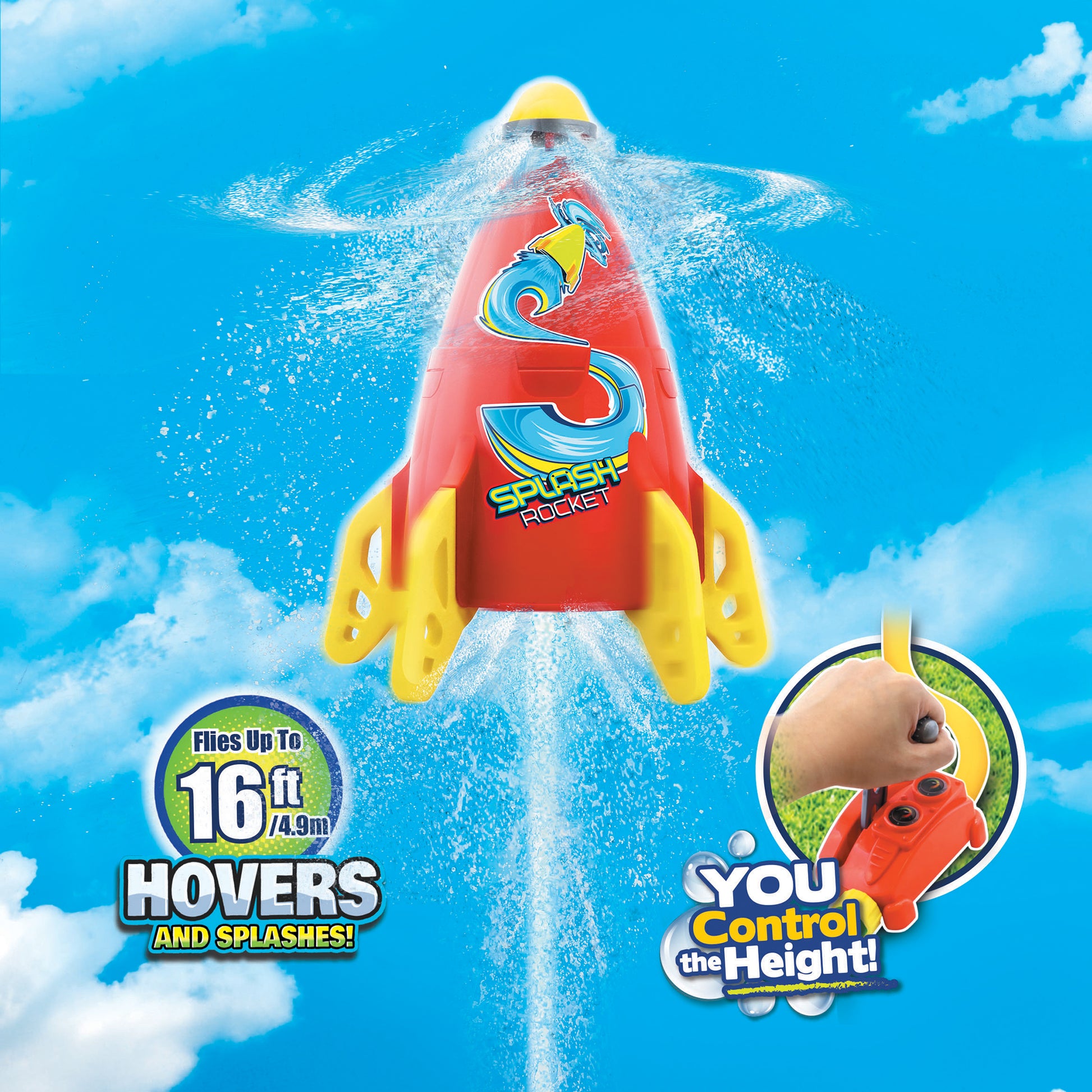 Splash Rocket water toy in red and yellow, flies up to 16ft high with water spray