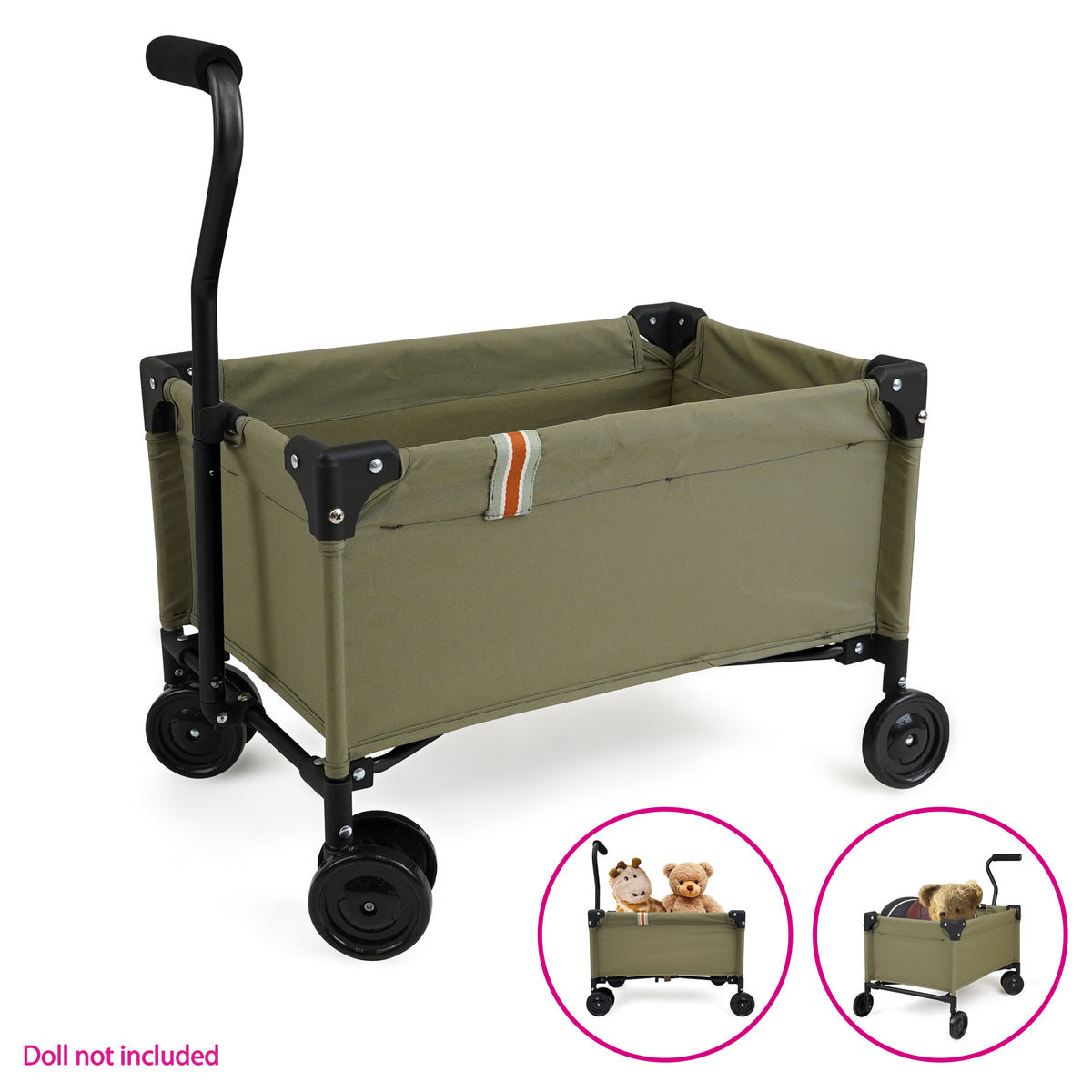 509 Crew Little Wagon in khaki with black handle and wheels, shown folded with stuffed animals inside