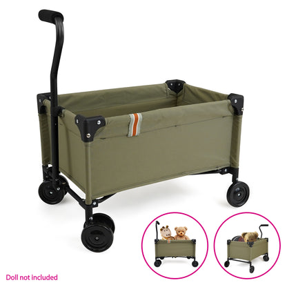 509 Crew Little Wagon in khaki with black handle and wheels, shown folded with stuffed animals inside
