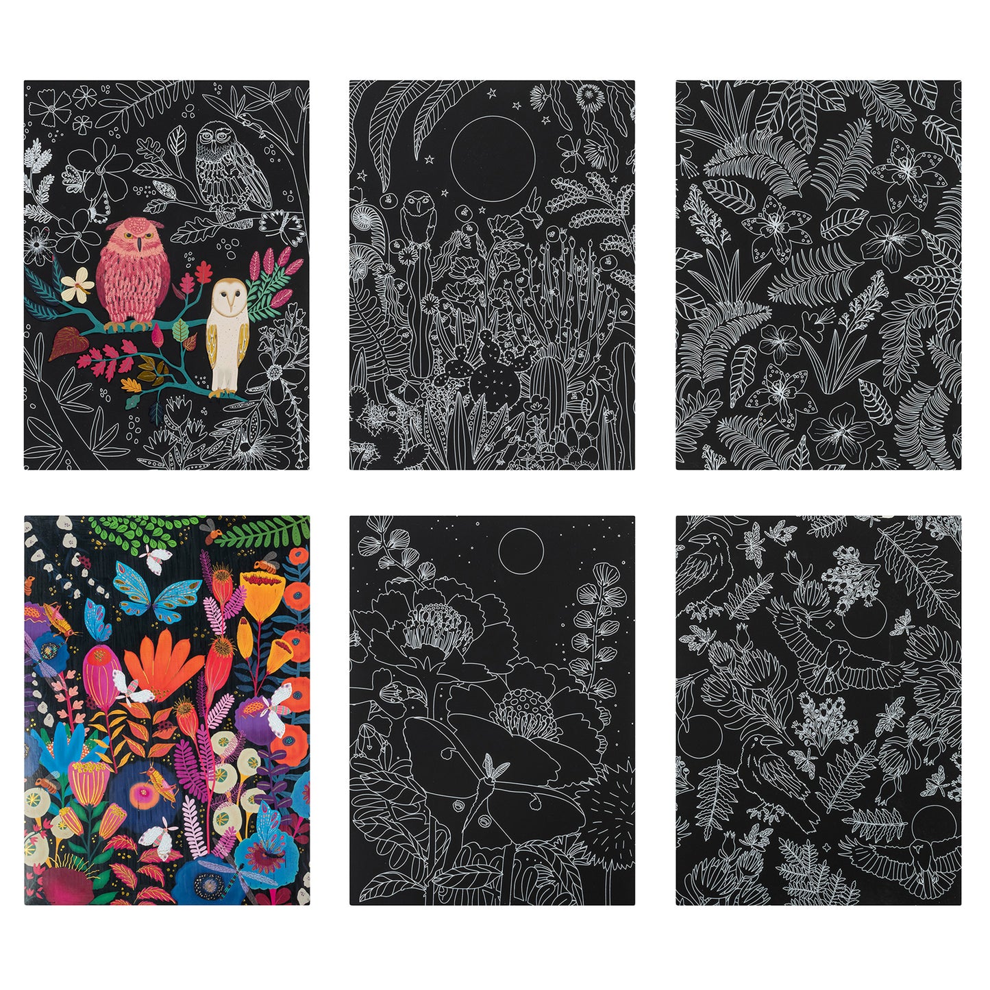 Scratch Art Paper Pad - Owl & Moon with colorful and black designs