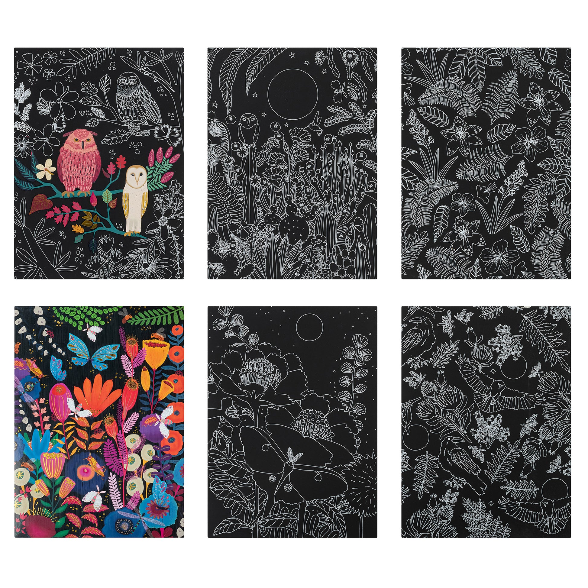 Scratch Art Paper Pad - Owl & Moon with colorful and black designs