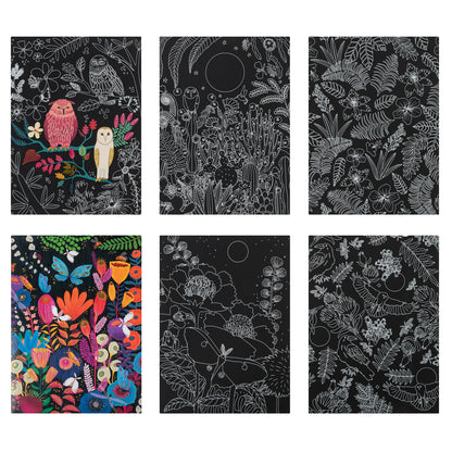 Scratch Art Paper Pad - Owl & Moon with colorful and black designs