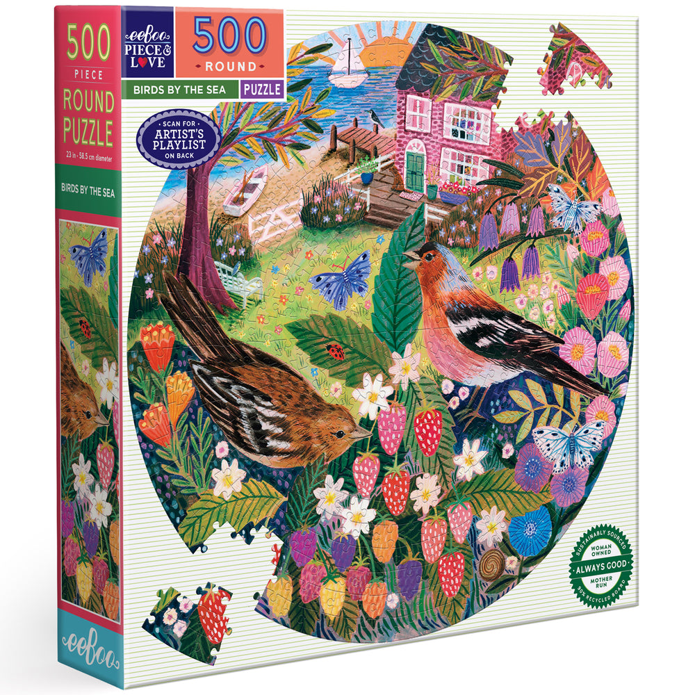 Eeboo Birds By The Sea 500 Piece Round Puzzle with colorful birds, flowers and coastal cottage scene