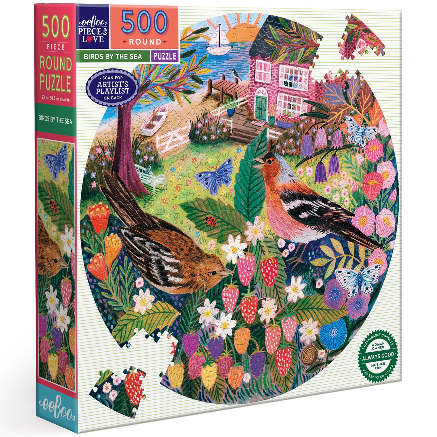 Eeboo Birds By The Sea 500 Piece Round Puzzle with colorful birds, flowers and coastal cottage scene