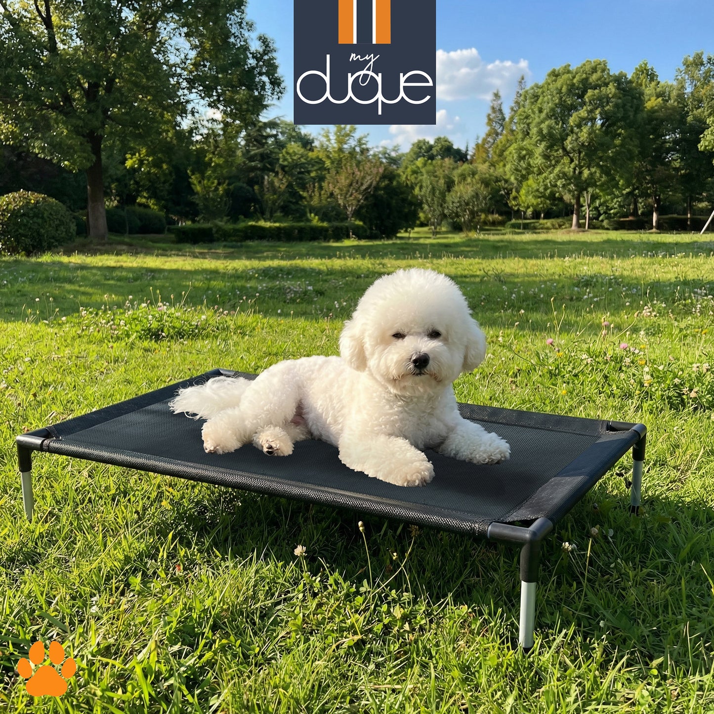 My Duque COOLA Pet Bed Small black dog lounger with white Bichon Frise resting on grass