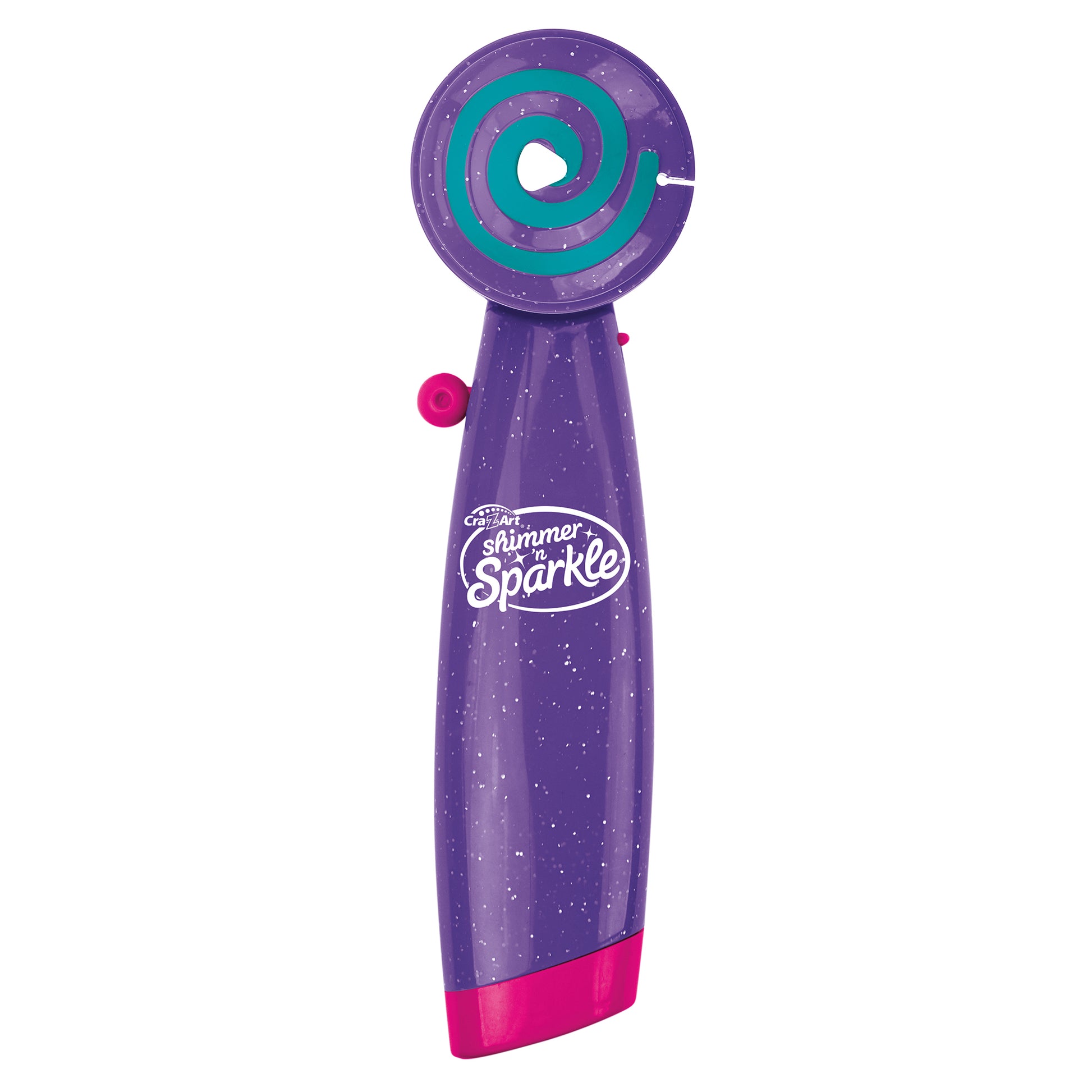 Shimmer 'n Sparkle purple hair styling tool with teal spiral design