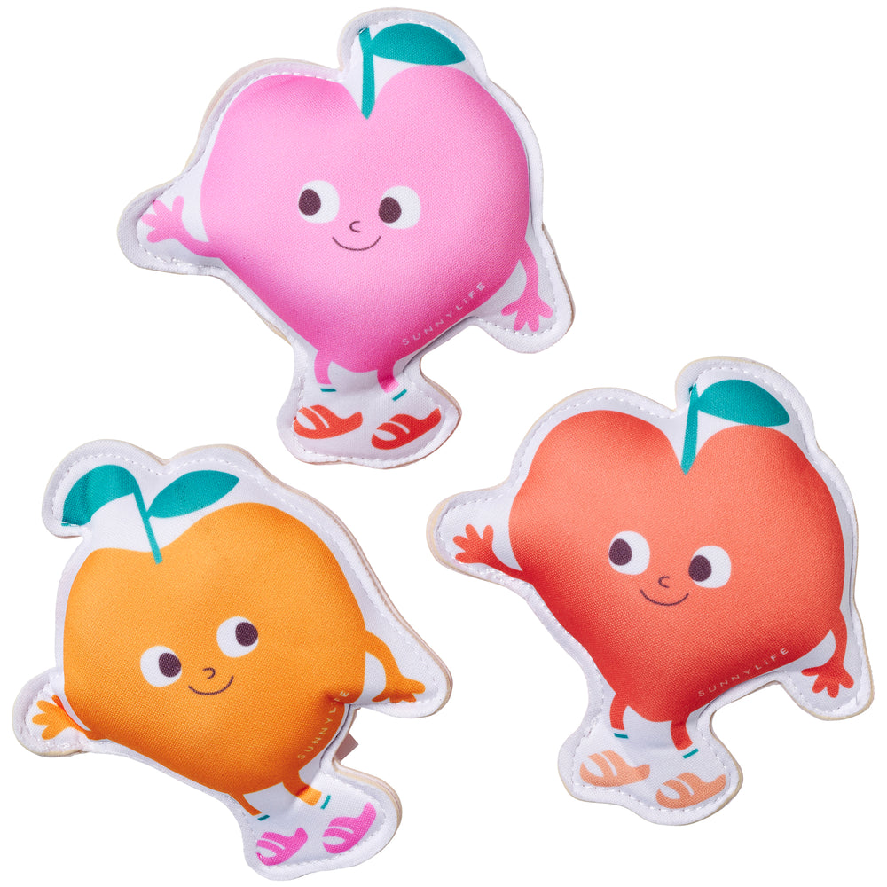 Dive Buddies Poppy the Peach set of 3 colorful fruit plush toys in pink, orange, and red