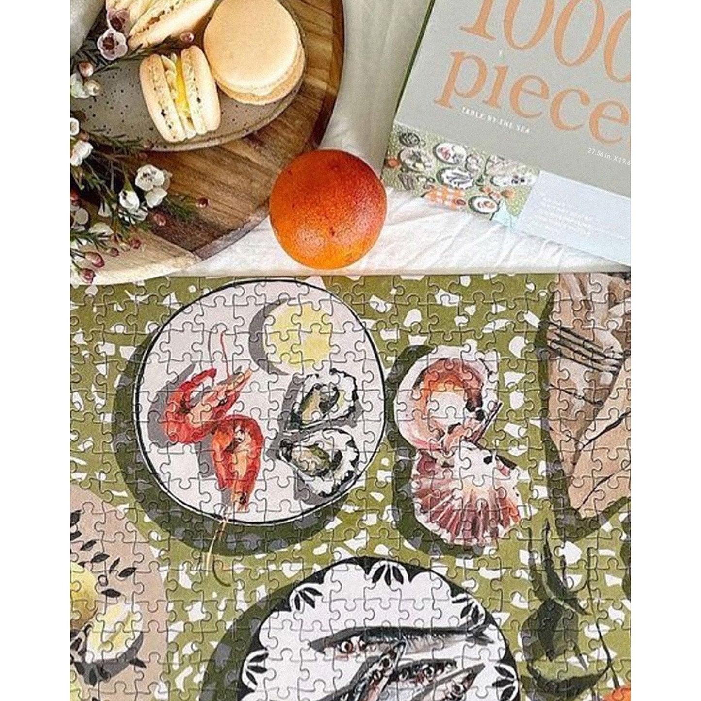 JOS 1000 Piece Puzzle - Table By The Sea with seafood and floral design