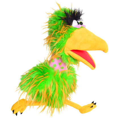 Living Puppets: Pickle The Bird hand puppet with green and yellow feathers, yellow beak, and black spiky head feathers