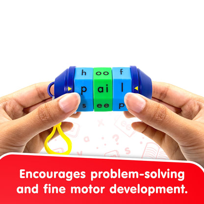 Junior Learning Word Tumbler phonics toy with blue and green letter cubes being held in hands