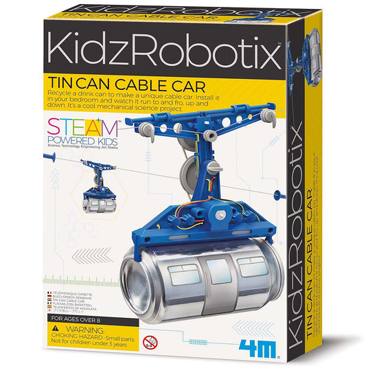 KidzRobotix Tin Can Cable Car STEAM kit with blue mechanical car and silver tin can