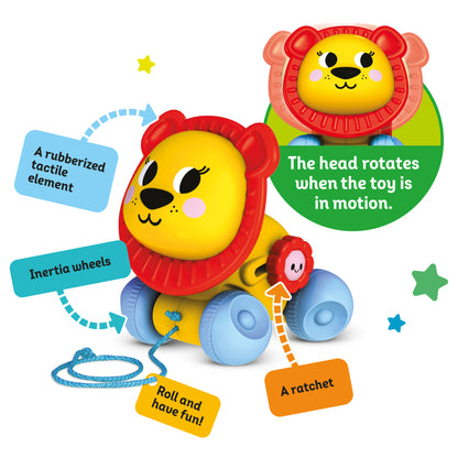 Push & Pull Lion toy with yellow body, red mane, blue wheels, rotating head, and ratchet sound
