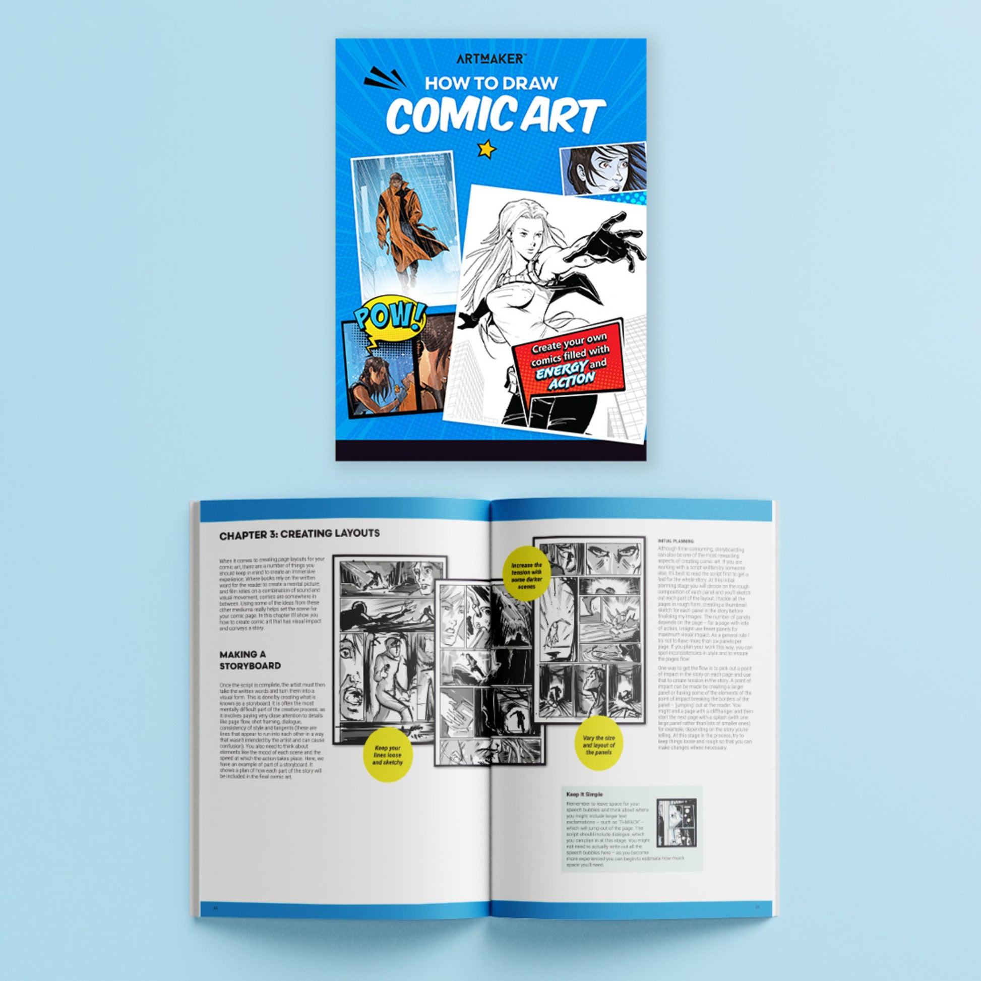 Art Marker How to Draw Comic Art book with blue cover and interior pages showing layouts and techniques