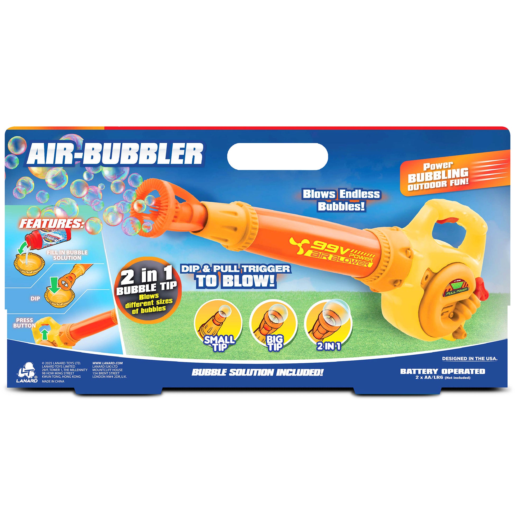Air-Bubbler bubble blower toy in orange and yellow with 2-in-1 interchangeable tips