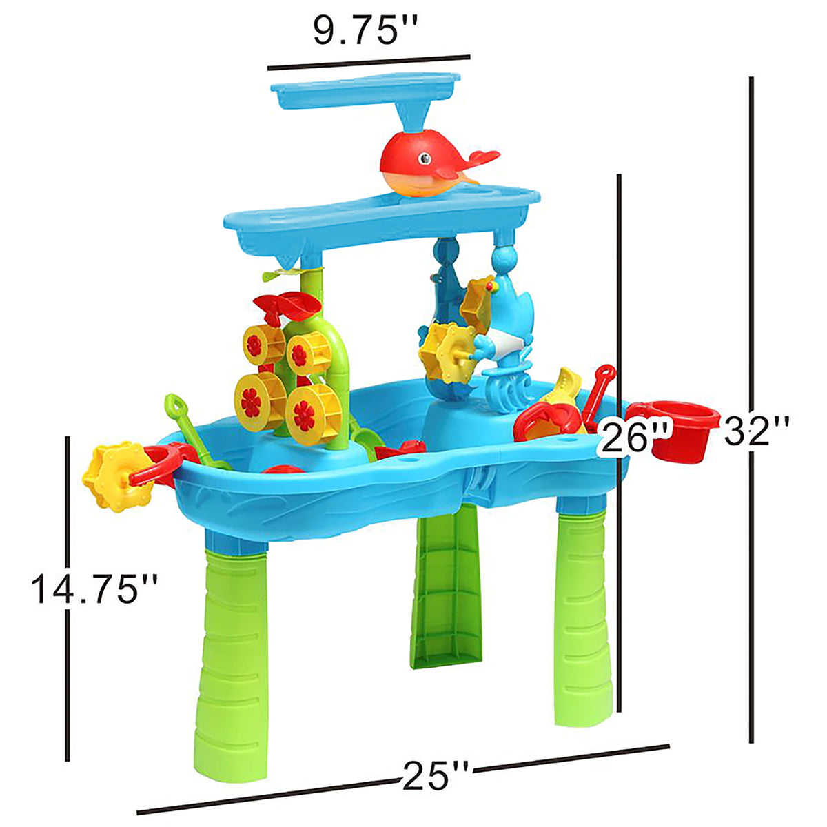 Trimate 3-Tier Sand & Water Table in blue and green with accessories including watering can, bucket, shovels, and ani...