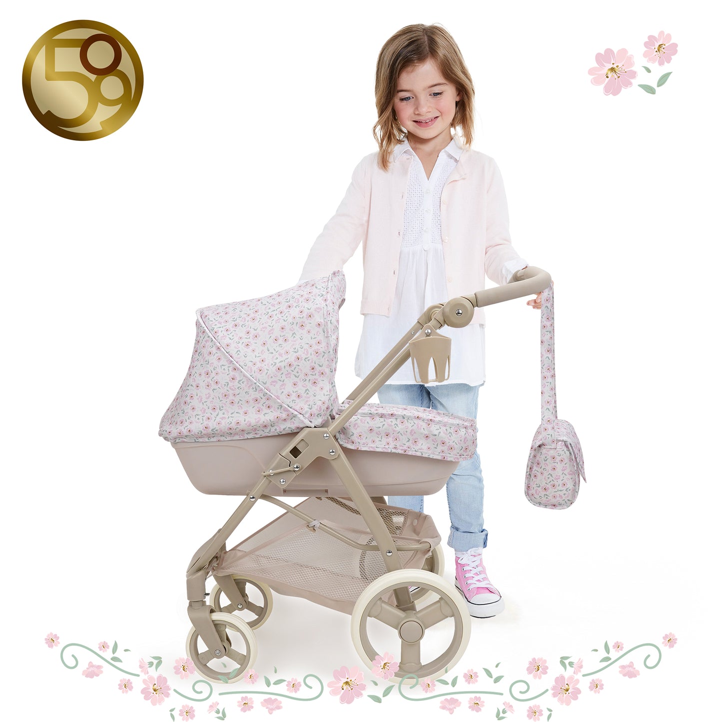 509 Crew Little Flora Bella 2-in-1 pink doll pram stroller for kids